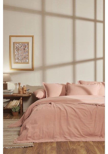 Sofia Battal Boy Lastikli Fitted Çarşaf Müslin Nevresim Takımı Pudra