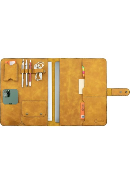 Isme Özel Çıtçıtlı Fonksiyonlu Macbook Organizer - %100 Rainbow Deri - ET02001 - Hardal Sarısı