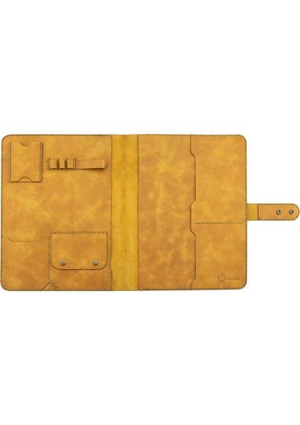 Isme Özel Çıtçıtlı Fonksiyonlu Macbook Organizer - %100 Rainbow Deri - ET02001 - Hardal Sarısı