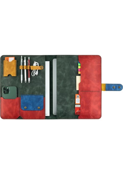 Isme Özel Çıtçıtlı Fonksiyonlu Macbook Organizer - %100 Rainbow Deri - ET02001 - Yeşil - Kırmızı