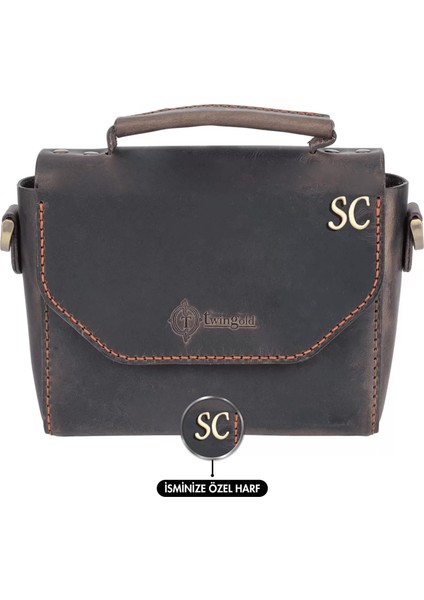 Isme Özel Çıtçıtlı Küçük Boy Zincirli El Omuz Çantası - %100 Crazy Deri - AC14003 - Kahverengi