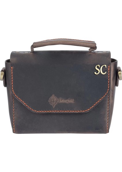 Isme Özel Çıtçıtlı Küçük Boy Zincirli El Omuz Çantası - %100 Crazy Deri - AC14003 - Kahverengi fiyatları