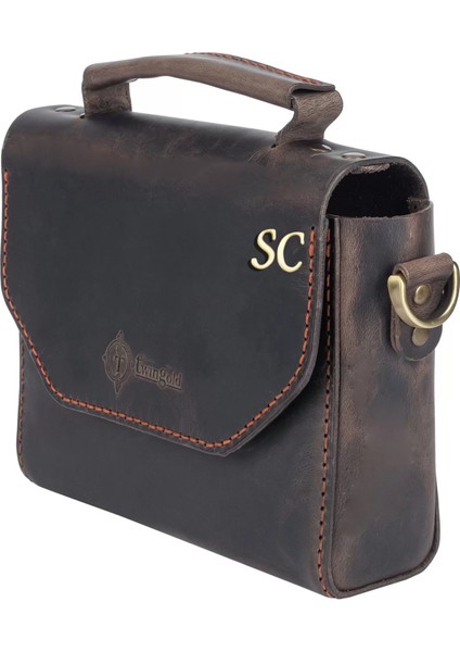 Isme Özel Çıtçıtlı Küçük Boy Zincirli El Omuz Çantası - %100 Crazy Deri - AC14003 - Kahverengi modelleri