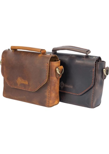 Isme Özel Çıtçıtlı Küçük Boy Zincirli El Omuz Çantası - %100 Crazy Deri - AC14003 - Kahverengi