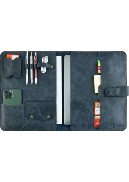 Isme Özel Çıtçıtlı Fonksiyonlu Macbook Organizer - %100 Rainbow Deri - ET02001 - Lacivert