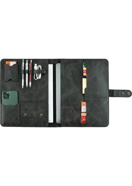 Isme Özel Çıtçıtlı Fonksiyonlu Macbook Organizer - %100 Rainbow Deri - ET02001 - Antrasit