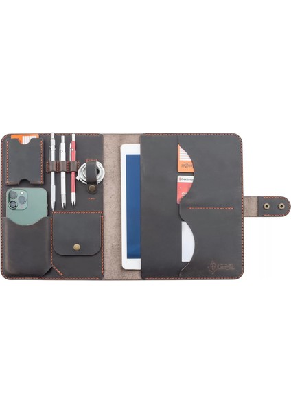 Isme Özel Çıtçıtlı Fonksiyonlu iPad Organizer - 10,9" (Inç) - %100 Crazy Deri - ET01004 - Kahverengi