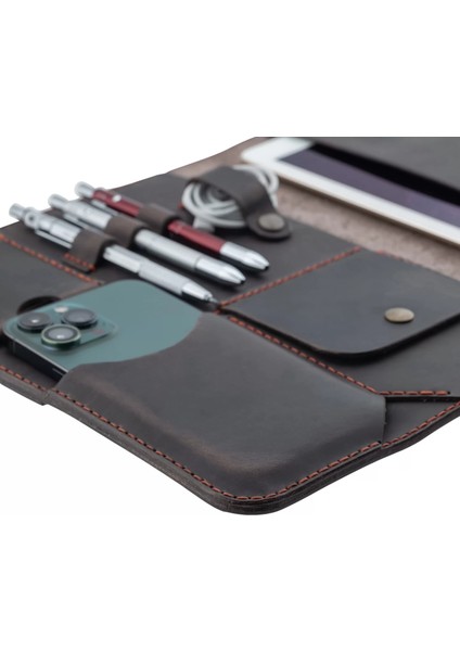 Isme Özel Çıtçıtlı Fonksiyonlu iPad Organizer - 10,9" (Inç) - %100 Crazy Deri - ET01004 - Kahverengi fırsatları