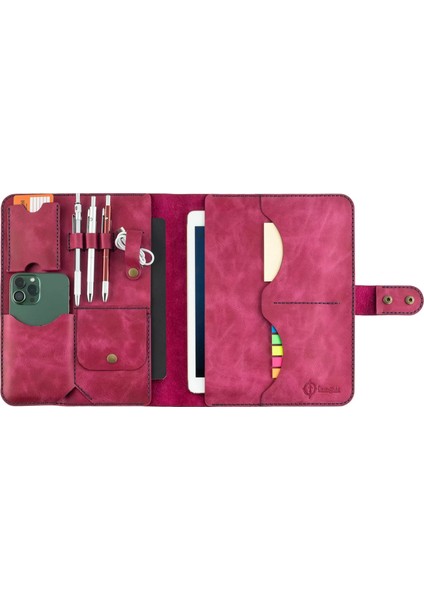 Isme Özel Çıtçıtlı Fonksiyonlu iPad Organizer - %100 Rainbow Deri - ET01002 - Fuşya