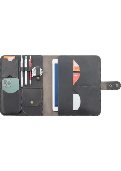 Isme Özel Çıtçıtlı Fonksiyonlu iPad Organizer 10,9" (Inç) - %100 Crazy Deri - ET01004 - Antrasit