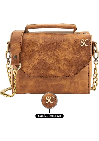 Isme Özel Çıtçıtlı Zincirli Küçük Boy El Omuz Çantası - %100 Deri - AC03001 - Camel