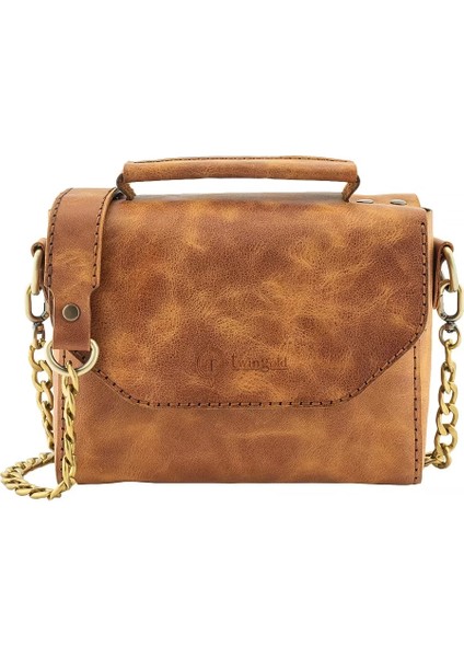 Isme Özel Çıtçıtlı Zincirli Küçük Boy El Omuz Çantası - %100 Deri - AC03001 - Camel modelleri