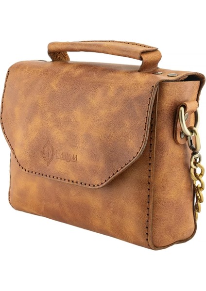 Isme Özel Çıtçıtlı Zincirli Küçük Boy El Omuz Çantası - %100 Deri - AC03001 - Camel fırsatları