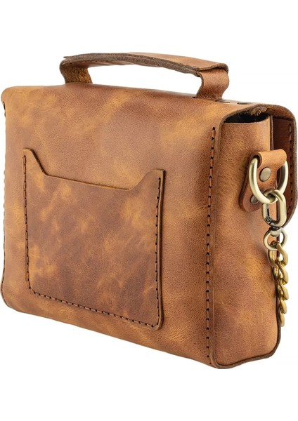 Isme Özel Çıtçıtlı Zincirli Küçük Boy El Omuz Çantası - %100 Deri - AC03001 - Camel