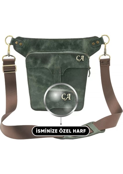 Isme Özel All In One Bel ve Bacak Çantası - %100 Deri - AC15001 - Haki