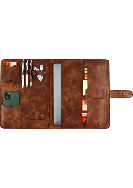 Isme Özel Çıtçıtlı Fonksiyonlu Macbook Organizer - %100 Rainbow Deri - ET02001 - Kahverengi