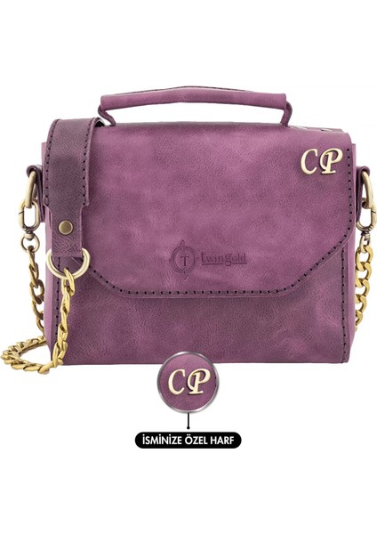 Isme Özel Çıtçıtlı Zincirli Küçük Boy El Omuz Çantası - %100 Deri - AC03001 - Mor