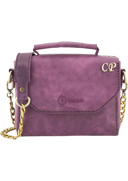 Isme Özel Çıtçıtlı Zincirli Küçük Boy El Omuz Çantası - %100 Deri - AC03001 - Mor fiyatları