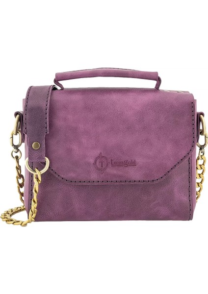Isme Özel Çıtçıtlı Zincirli Küçük Boy El Omuz Çantası - %100 Deri - AC03001 - Mor modelleri