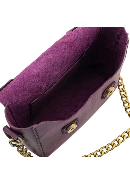 Isme Özel Çıtçıtlı Zincirli Küçük Boy El Omuz Çantası - %100 Deri - AC03001 - Mor indirimleri