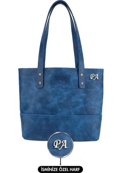 Isme Özel Tote Bag El Omuz Çantası - %100 Rainbow Deri - AC03003 - Saks Mavisi