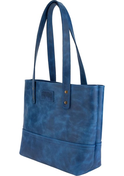 Isme Özel Tote Bag El Omuz Çantası - %100 Rainbow Deri - AC03003 - Saks Mavisi