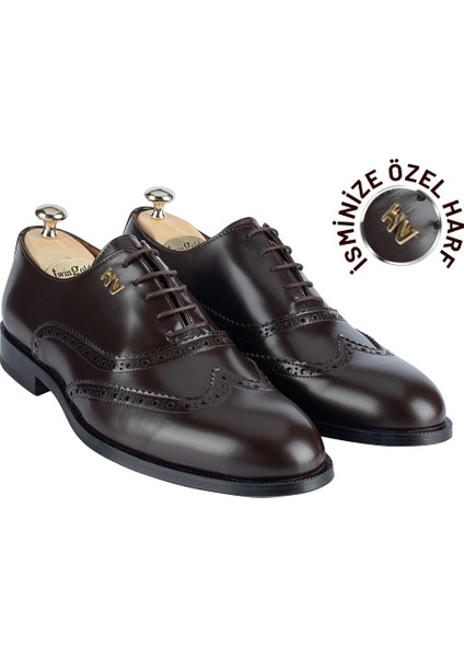 Isme Özel Oxford Erkek Ayakkabı - %100 Hakiki Açma Deri - Altın Harf - AA01004 - Kahverengi