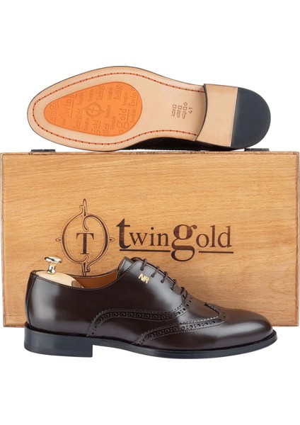 Isme Özel Oxford Erkek Ayakkabı - %100 Hakiki Açma Deri - Altın Harf - AA01004 - Kahverengi