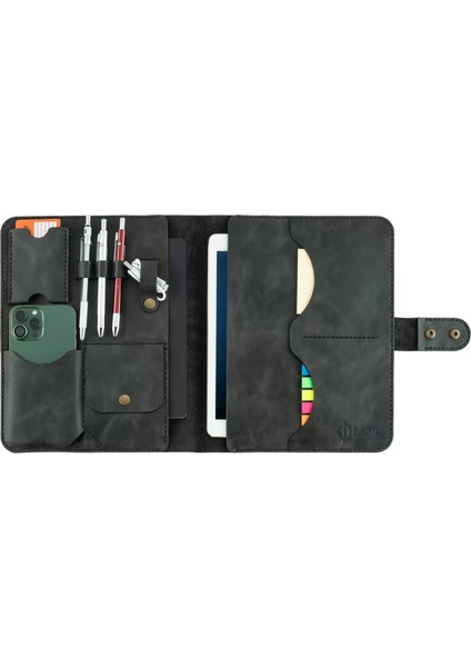 Isme Özel Çıtçıtlı Fonksiyonlu iPad Organizer - %100 Rainbow Deri - ET01002 - Antrasit