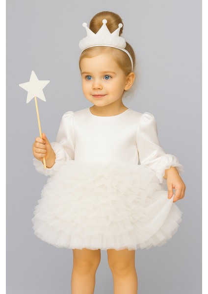 Kız Bebek Çocuk Elbise Uzun Kollu Tüllü Tütü Özel Gün Parti Doğum Günü Prenses Saten Abiye Elbise