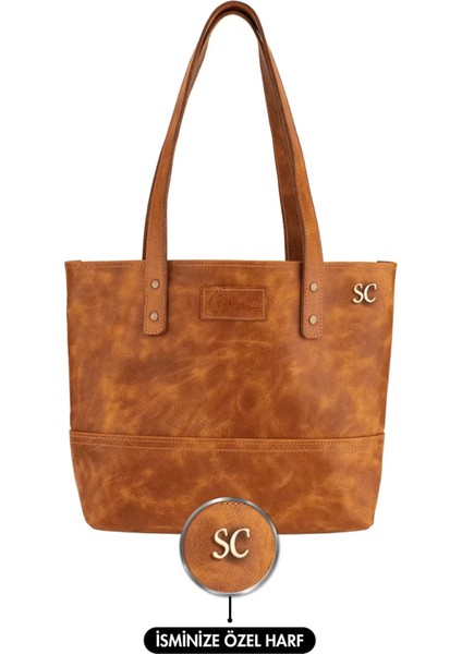 Isme Özel Tote Bag El Omuz Çantası - %100 Rainbow Deri - AC03003 - Camel