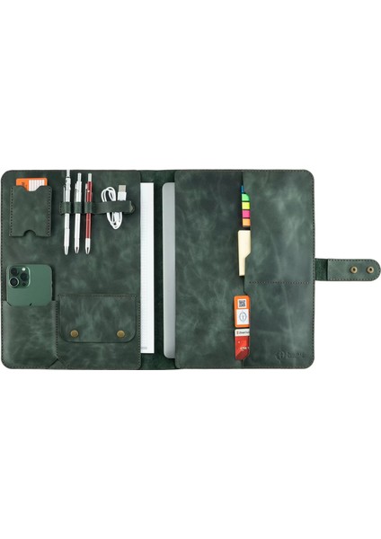 Isme Özel Çıtçıtlı Fonksiyonlu Macbook Organizer - %100 Rainbow Deri - ET02001 - Haki
