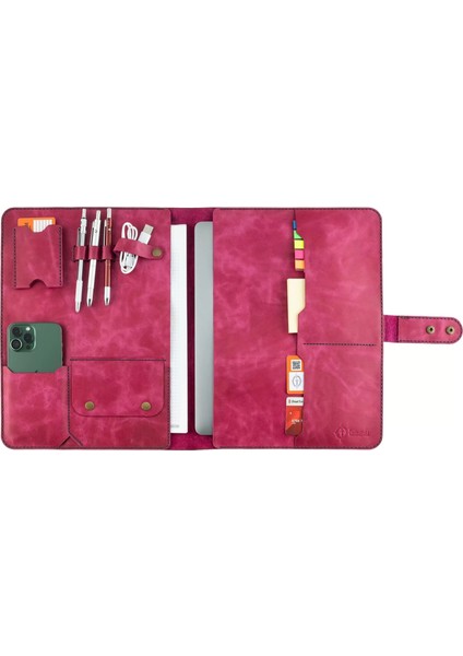 Isme Özel Çıtçıtlı Fonksiyonlu Macbook Organizer - %100 Rainbow Deri - ET02001 - Fuşya