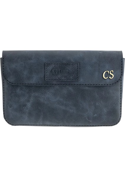 Isme Özel Çıtçıtlı Küçük El Çantası - %100 Rainbow Deri - AC14001 - Lacivert