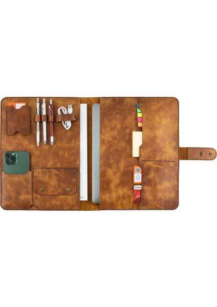 Isme Özel Çıtçıtlı Fonksiyonlu Macbook Organizer - %100 Rainbow Deri - ET02001 - Camel