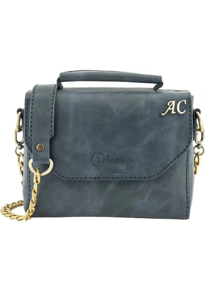 Isme Özel Çıtçıtlı Zincirli Küçük Boy El Omuz Çantası - %100 Deri - AC03001 - Lacivert
