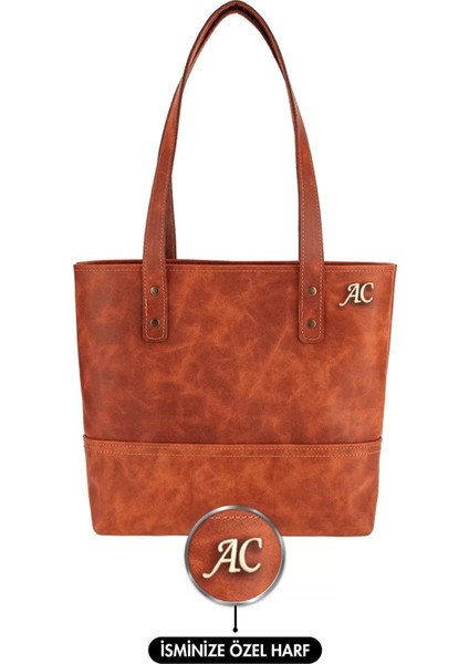 Isme Özel Tote Bag El Omuz Çantası - %100 Rainbow Deri - AC03003 - Tobacco