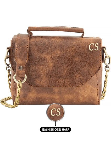 Isme Özel Çıtçıtlı Zincirli Küçük Boy El Omuz Çantası - %100 Deri - AC03001 - Kahverengi