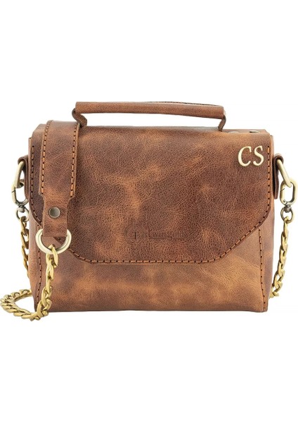 Isme Özel Çıtçıtlı Zincirli Küçük Boy El Omuz Çantası - %100 Deri - AC03001 - Kahverengi fiyatları