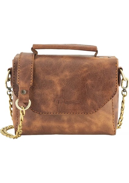 Isme Özel Çıtçıtlı Zincirli Küçük Boy El Omuz Çantası - %100 Deri - AC03001 - Kahverengi modelleri