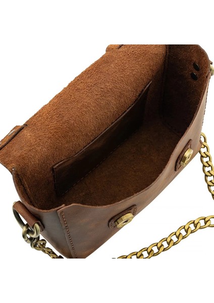 Isme Özel Çıtçıtlı Zincirli Küçük Boy El Omuz Çantası - %100 Deri - AC03001 - Kahverengi indirimleri