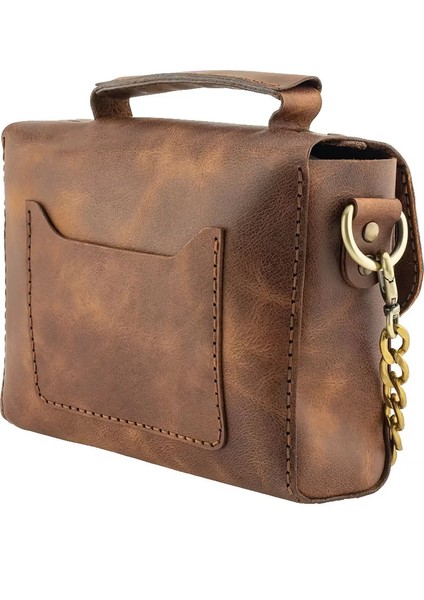 Isme Özel Çıtçıtlı Zincirli Küçük Boy El Omuz Çantası - %100 Deri - AC03001 - Kahverengi