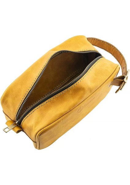 Isme Özel Dopp Kit Kişisel Bakım ve Seyahat Çantası - %100 Rainbow Deri - AC14004 - Hardal Sarısı
