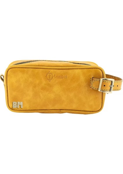 Isme Özel Dopp Kit Kişisel Bakım ve Seyahat Çantası - %100 Rainbow Deri - AC14004 - Hardal Sarısı