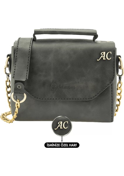Isme Özel Çıtçıtlı Zincirli Küçük Boy El Omuz Çantası - %100 Deri - AC03001 - Antrasit