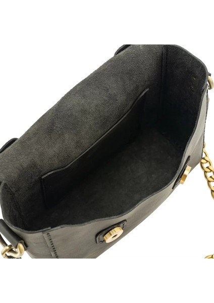 Isme Özel Çıtçıtlı Zincirli Küçük Boy El Omuz Çantası - %100 Deri - AC03001 - Antrasit indirimleri