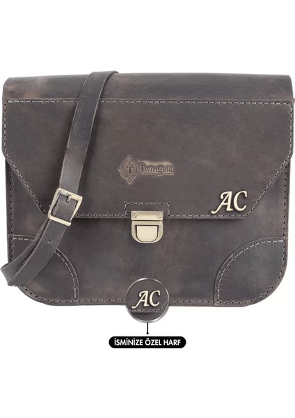 Isme Özel Günlük Orta Boy Omuz Çantası - %100 Crazy Deri - AC03002 - Antrasit
