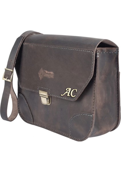 Isme Özel Günlük Orta Boy Omuz Çantası - %100 Crazy Deri - AC03002 - Antrasit modelleri