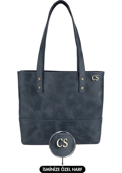 Isme Özel Tote Bag El Omuz Çantası - %100 Rainbow Deri - AC03003 - Lacivert