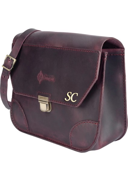 Isme Özel Günlük Orta Boy Omuz Çantası - %100 Crazy Deri - AC03002 - Bordo modelleri